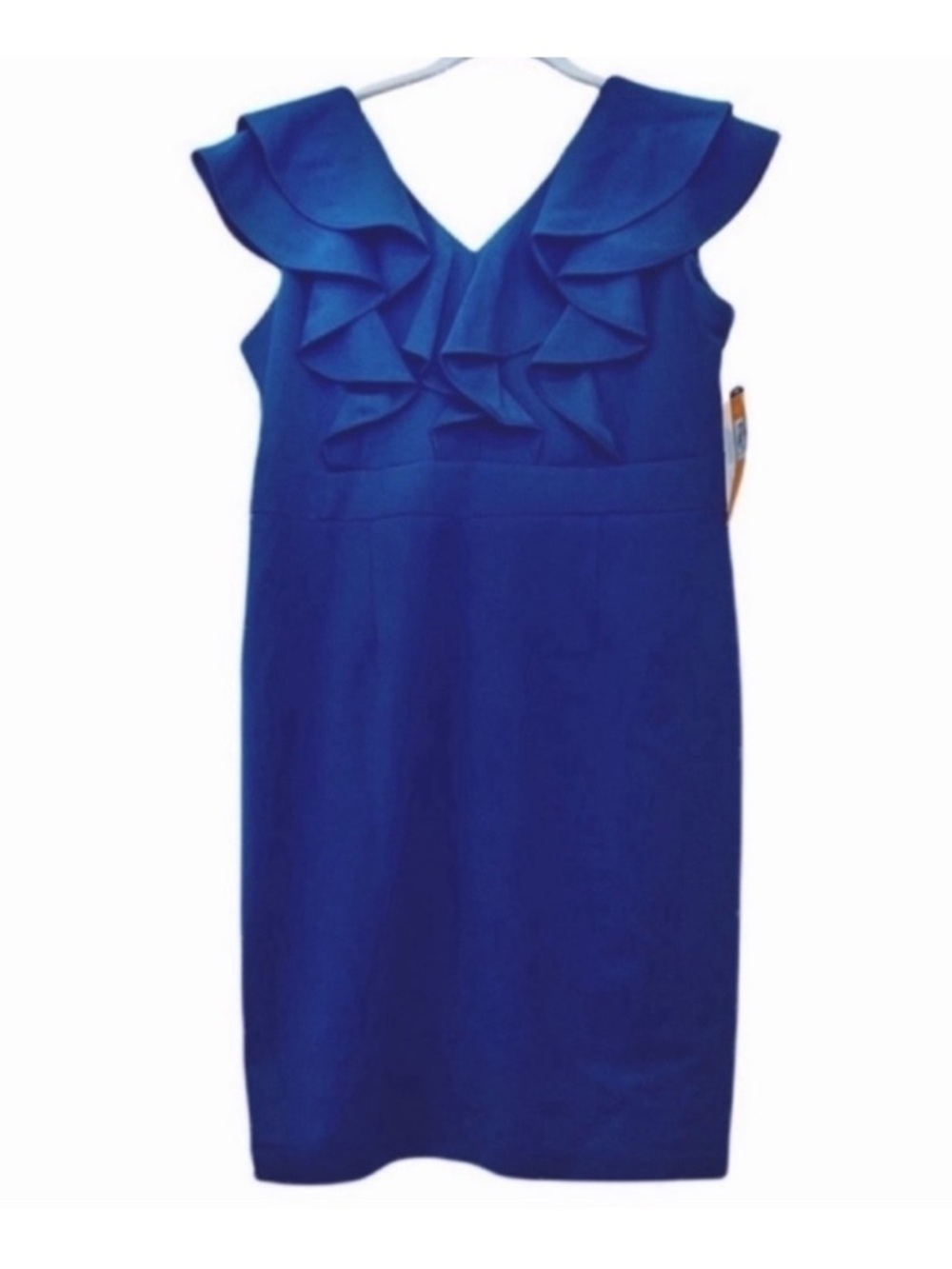 ILE New York Sleeveless Sheath Dress Ruffled V Neckline Blue Size 10